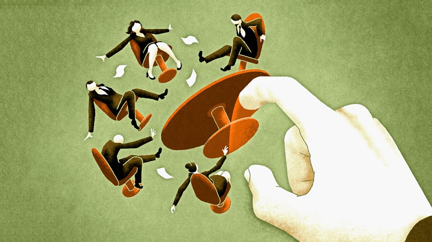 dismantle-tech-protect-privacy-CONTENT-2019 A large hand flicking a table and five people sitting at it into the air, scattering them and papers.