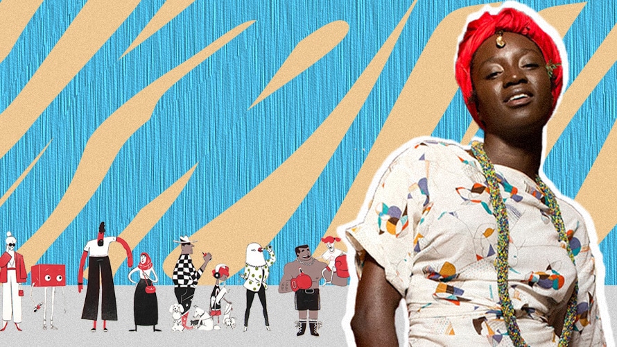 marketers-inclusive-strategies-CONTENT-2019 An image of a black woman with a red wrap and illustrations in the back of people of various races, sizes and abilities.