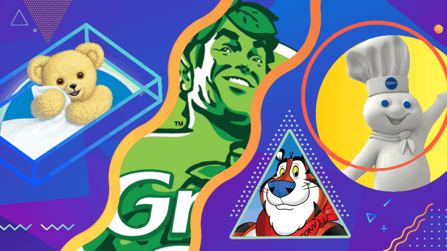 millennial-mascots-content-01-2019 geometric 90s illustration featuring brand mascots the snuggle bear, the green giant, tony the tiger and the pillsbury doughboy