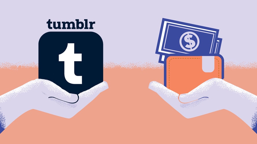 verizon-sells-tumblr-wordpress-CONTENT-2019 illustration of hands exchangin tumblr logos for money