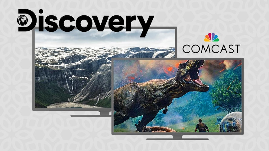 discovery-comcast-team-CONTENT-2019 A picture of mountains and another picture of a T-rex with "Discovery" and "Comcast" written above them