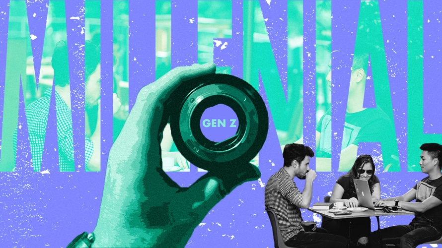 millennials-genz-focus-CONTENT-2019 Hand holding lens focused on the word "Gen Z" within the word "millennial"