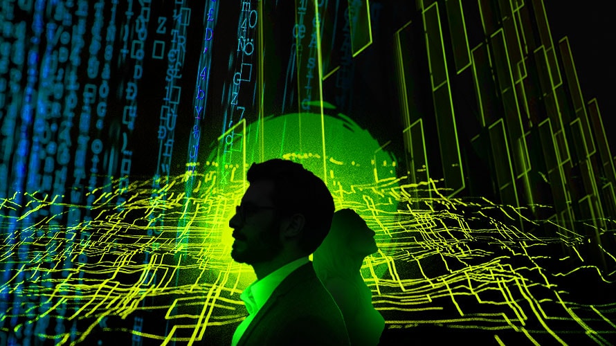 q2-stats-adtech-platforms-CONTENT-2019 Silhouettes of a man and woman looking in opposite directions with blue, green and yellow swirling lines behind them.