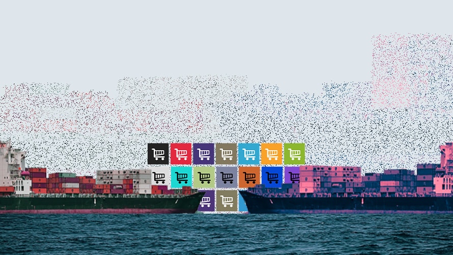 tariff-wars-shopping-CONTENT-2019 Two cargo ships facing off with blocks of shopping carts in the background.
