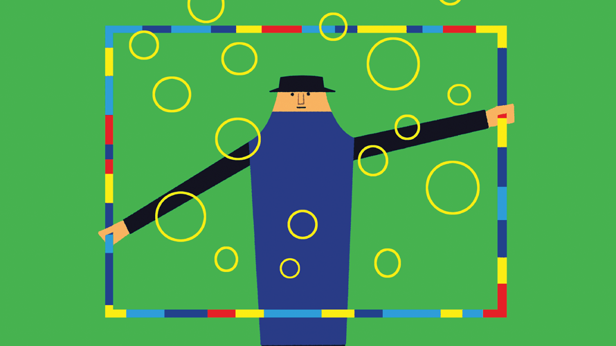 voice-disruption-content-2019 illustration of a man in a black hat holding up a frame with circles