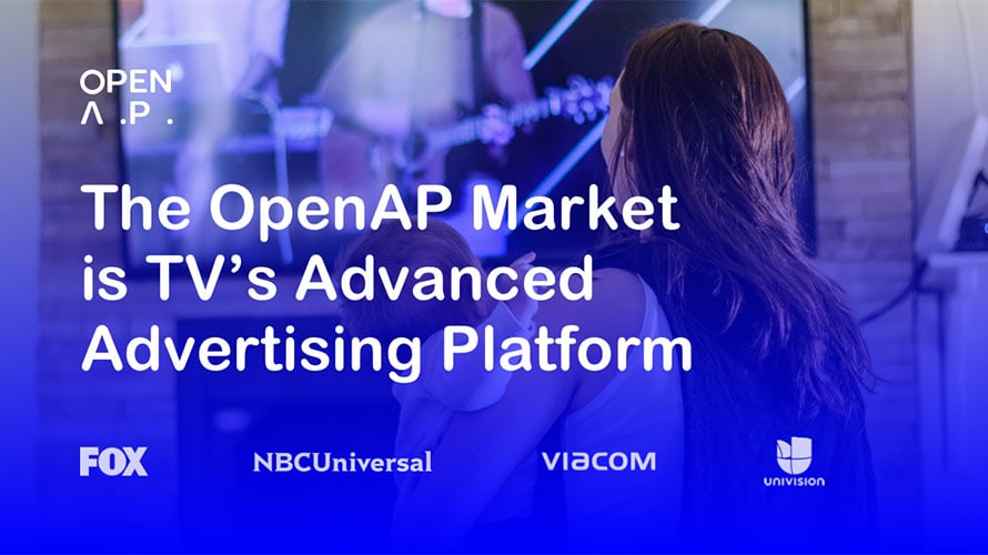 OpenAP-Market-content-2019 Photo of a woman holding a baby watching TV with text that says, "The OpenAP Market is TV