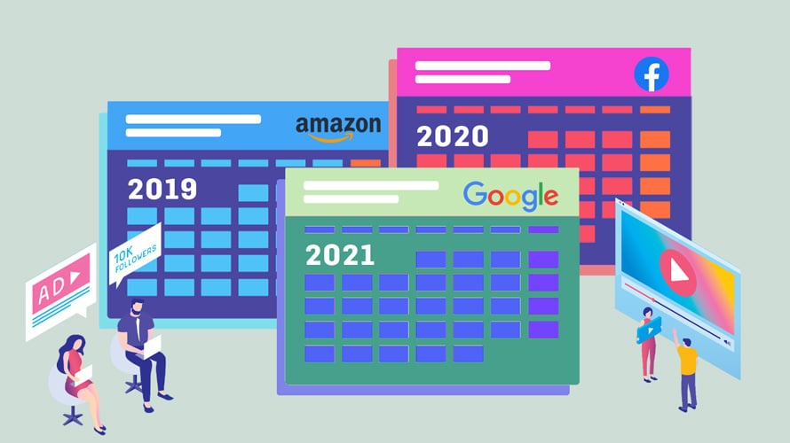 advertisers-upcoming-triopoly-CONTENT-2019 A 2019, 2020 and 2021 calendar with the Amazon, Google and Facebook logos with a YouTube logo on the side