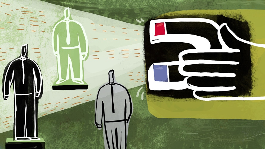 agencies-clients-burnt-out-CONTENT-2019 A hand holding a magnet trying to pull in three people