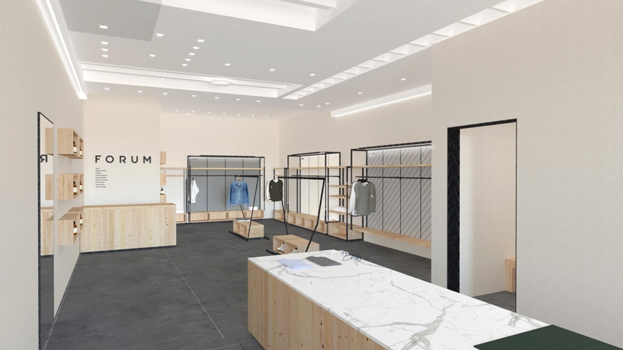 bevel-forum-b8ta-CONTENT-2019 Clothing racks and a counter in what will be the Forum space