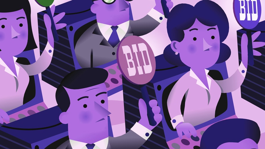 bid-shading-programmatic-algorithms-CONTENT-2019 Four people holding up signs with one man and one woman individually holding signs that say bid