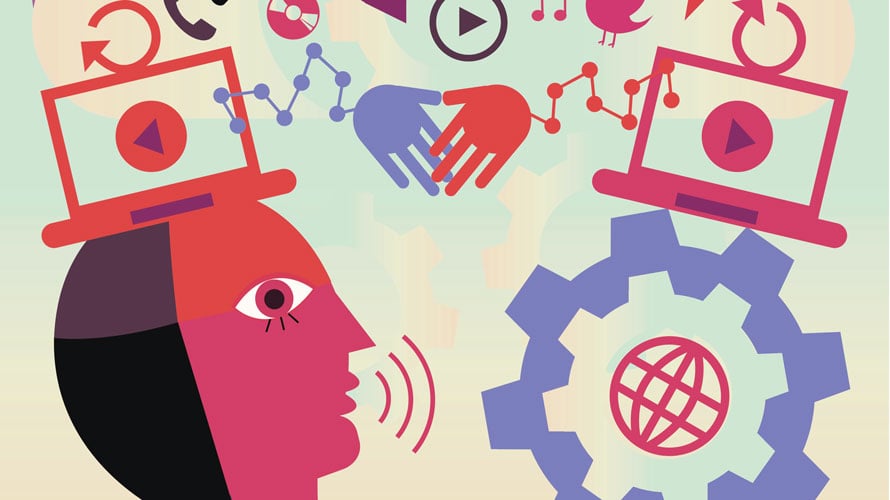candidates-video-marketing-CONTENT-2019 A face with a laptop on its head communicating toward another laptop on top of another device