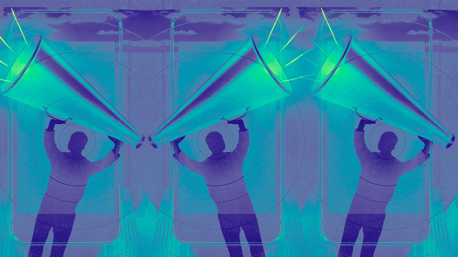 how-brands-tackle-pr-CONTENT-2019 People holding up megaphones in front of cellphones, buildings in the background