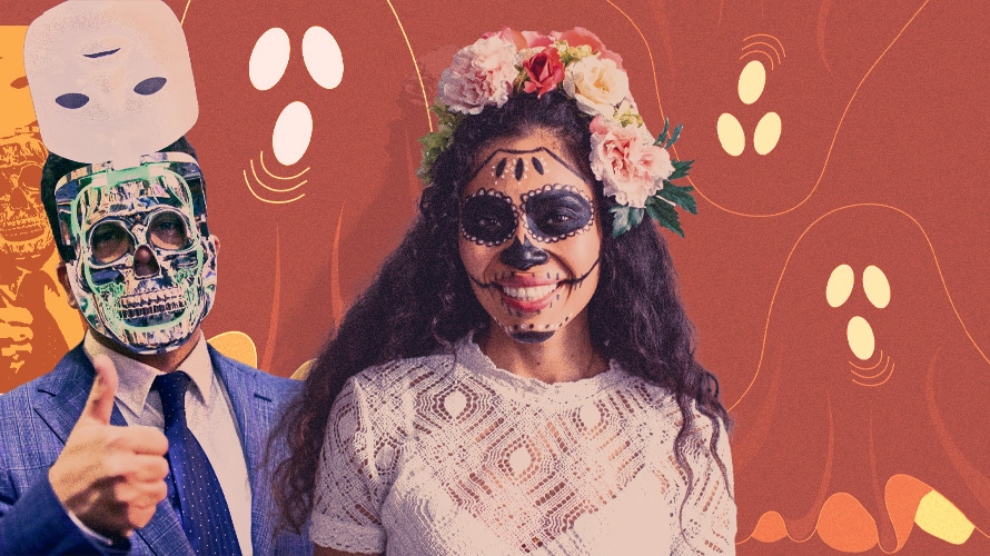 marketers-halloween-spook-CONTENT-2019 People with Halloween masks and Dia de Muertos makeup