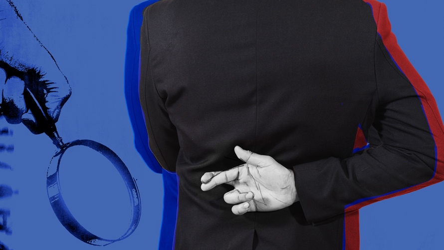 politician-facebook-ads-content-2019 A person crosses his fingers behind his back next to a magnifying glass.