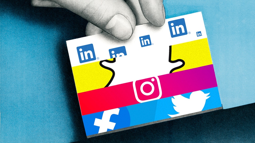 president-election-social-media-CONTENT-2019 linkedin, snapchat, instagram, facebook and twitter icons on a small box with a hand holding it
