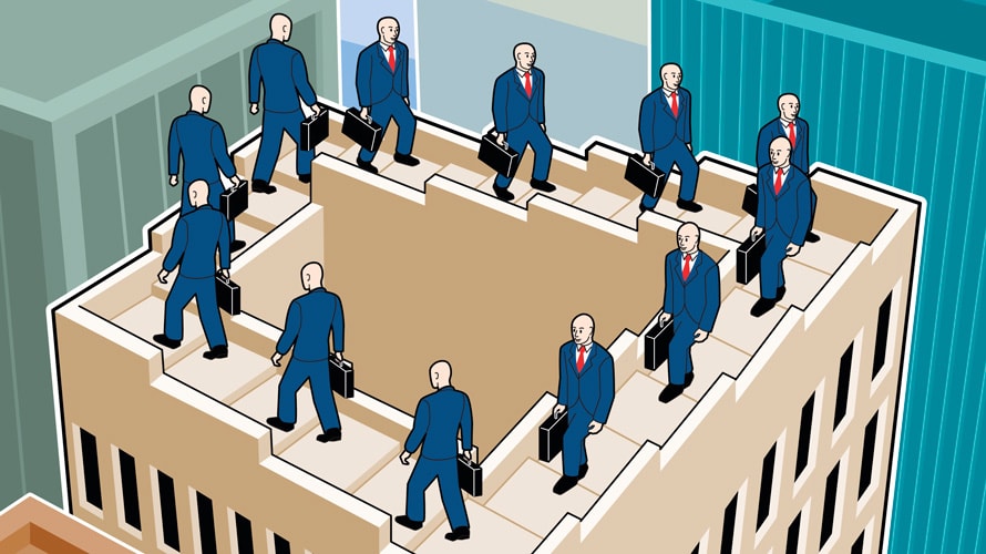 repetition-authentic-consistent-CONTENT-2019 men in blue suits with black briefcases walking on stairs in a circle