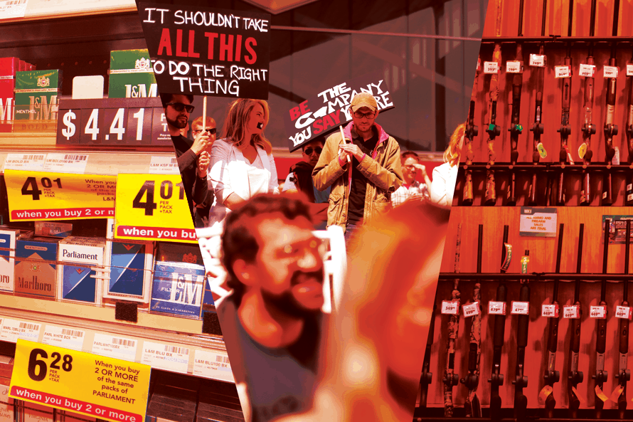 trend-protest-content-2019 photo of guns on the right, people protesting in the middle and packs of cigarettes on the left