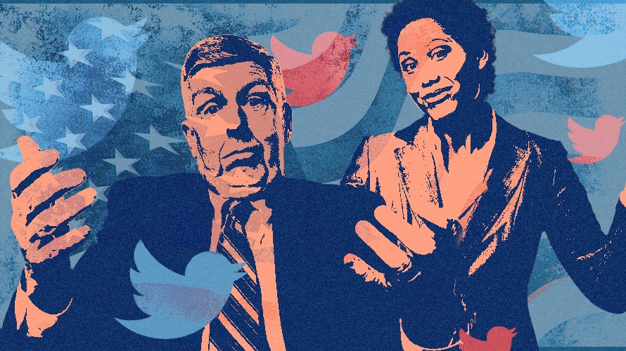 twitter-ban-political-ads-CONTENT-2019 illustration of business man and woman shrugging surrounded by twitter logos