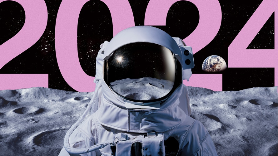 2024-moon-landing-marketing-CONTENT-2019 Astronaut at the moon with 2024 and earth floating in space in the background
