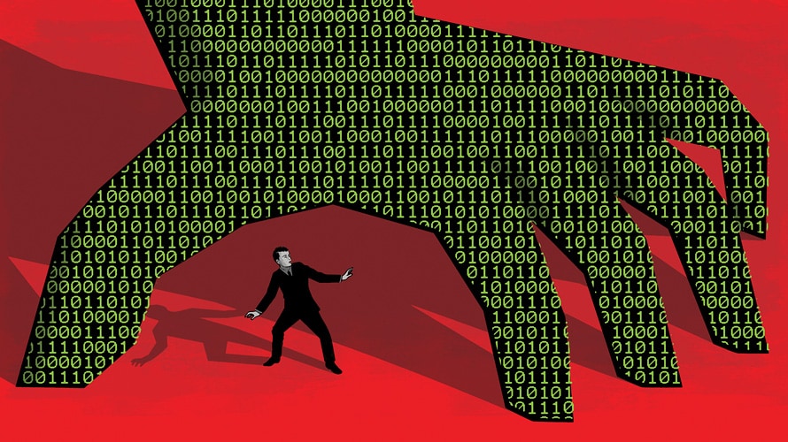 cybersecurity-brand-hack-CONTENT-2019 Large hand with binary code reaching for small man