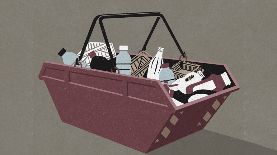 dull-packaging-sustainability-CONTENT-2019 A shopping basket full of plastic bottles and recyclable items