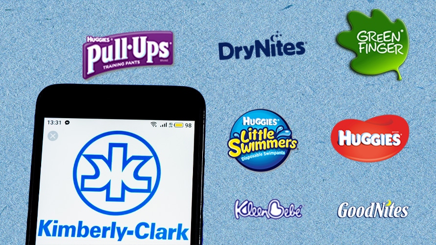 kimberly-clark-accenture-droga-CONTENT-2019 Kimberly-Clark logo in phone screen surrounded by Kimberly-Clark baby and childcare brand logos