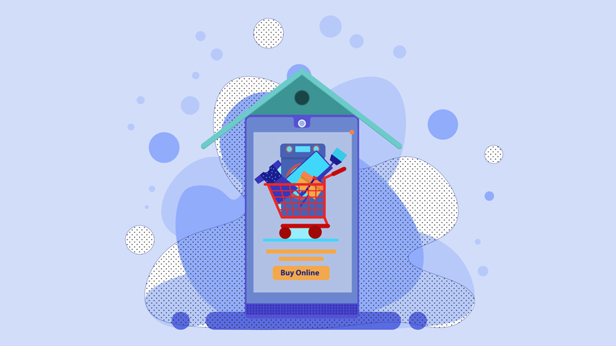social-commerce-shop-CONTENT-2019 Illustration of a phone with shopping cart and buy online text