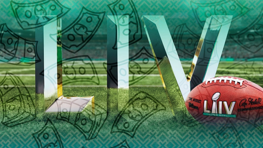 super-bowl-sells-out-CONTENT-2019 Superbowl LIV logo and football on grass with cash illustrations falling