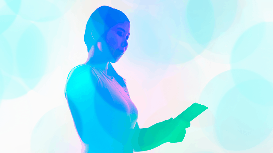 facebook-interactive-content-2019 an illustration of a woman holding a tablet computer