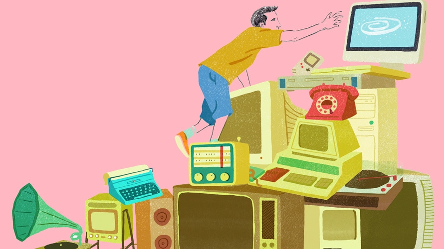 future-tv-cable-CONTENT-2019 Illustration of man climbing through old piles of technology to reach a modern monitor