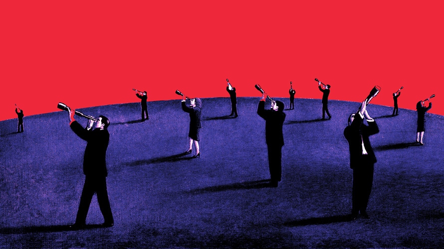 politics-marginalized-voters-CONTENT-2019 illustration of business men and women in an open field looking out into the distance with a telescope