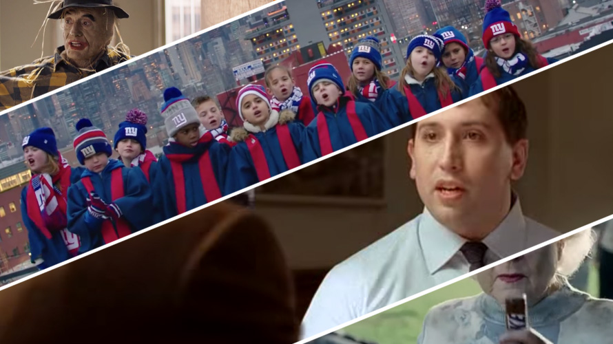 super-bowl-spot-gimmicks-CONTENT-2020 four screengrabs from different ads, with a scarecrow, confused man, choir of kids