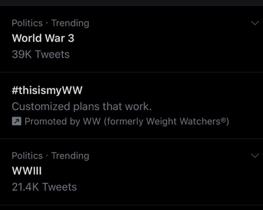 a screenshot from Twitter's trending page that shows WW trending alongside WWIII