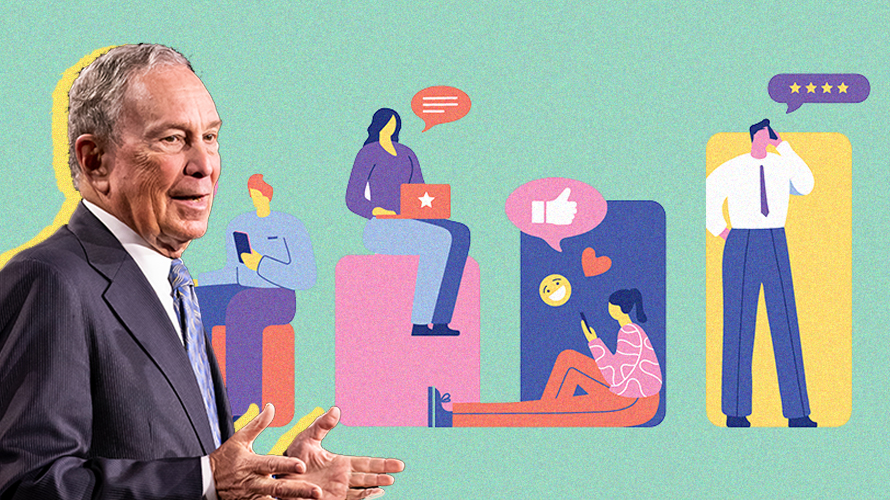 bloomberg-social-media-CONTENT-2020 Illustration of people using social media and texts next to photo of Mike Bloomberg