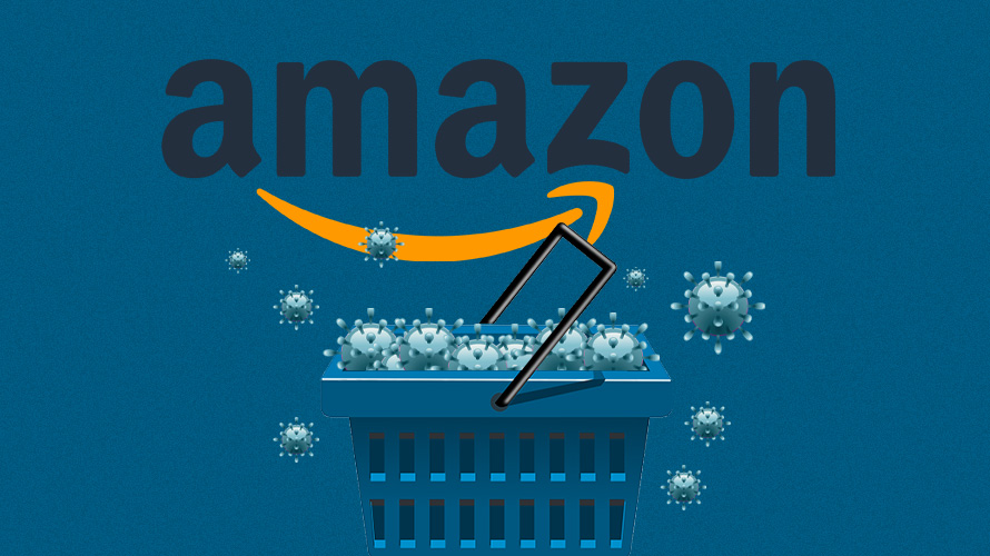 coronavirus-amazon-shopping-behavior-CONTENT-2020 coronavirus spilling out of shopping basket under Amazon logo