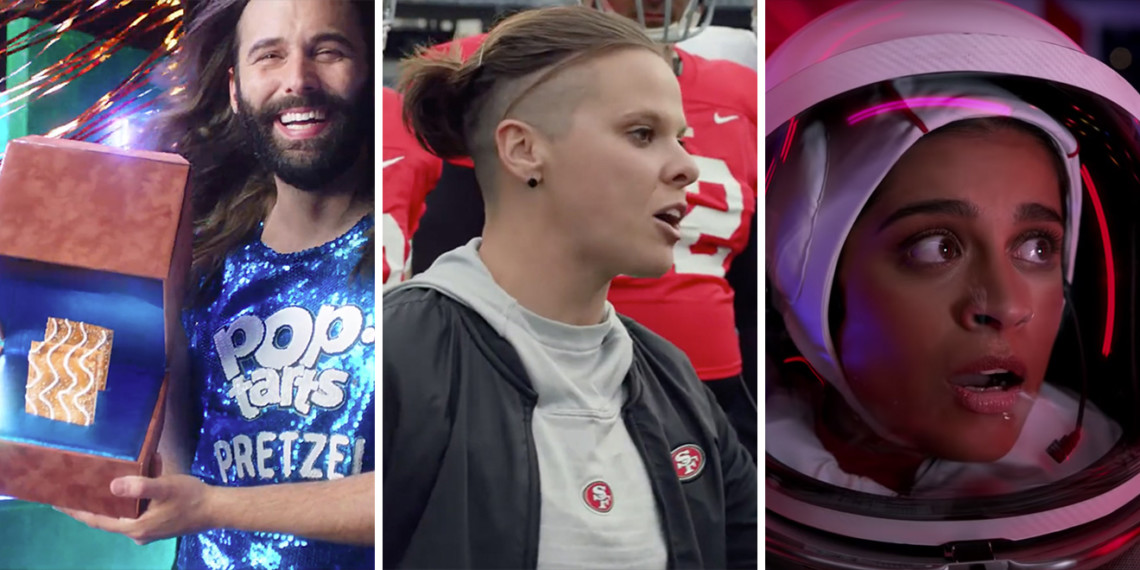 diversity-super-bowl-PAGE-2020 jonathan van ness with pop tarts, someone in space, someone at a game