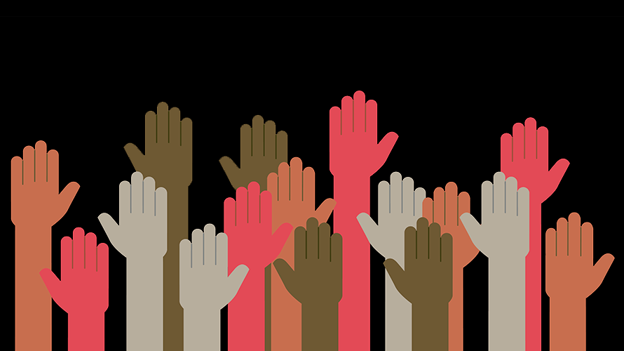 voice-diversity-content-2020 a bunch of raised pink, brown and tan hands