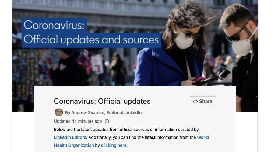 LinkedInCoronavirusUpdates A photo of two people wearing masks next to text about the coronavirus