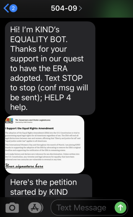 Screenshot of a text from KIND's Equality Bot, including a petition to ratify the ERA