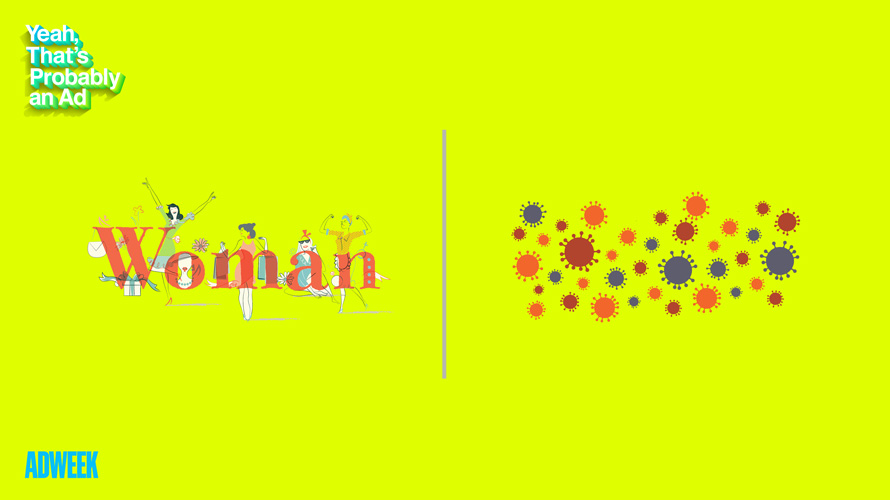 adweek-podcast-women-covid19-CONTENT-2020 yellow background that says yeah that's probably an ad and then says woman udnerneath and has various dots on the right side