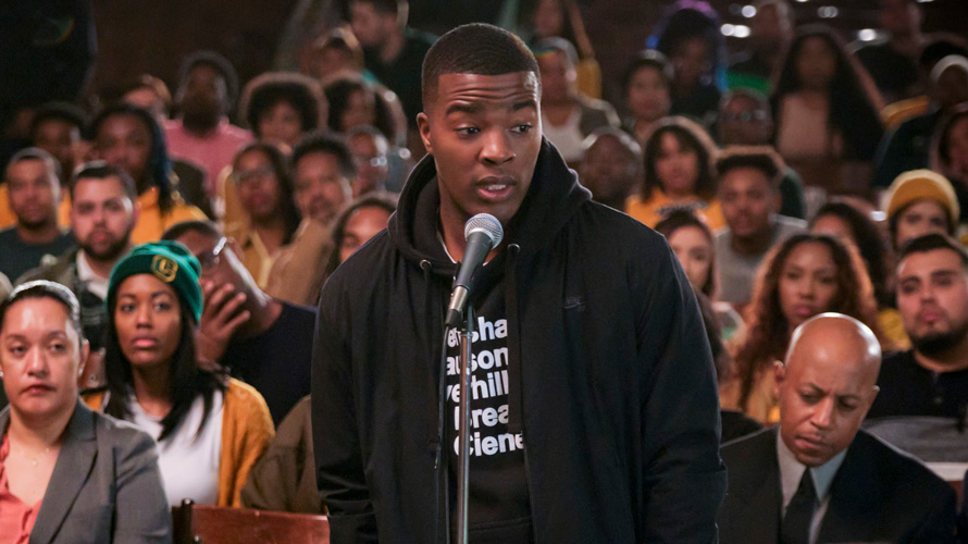 all-american-broadcast-netflix-CONTENT-2020 A male character from the show All American talking into a microphone