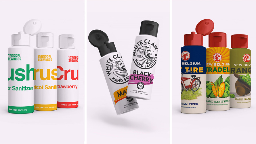 beer-sanitizer-triptych-CONTENT-2020 Images of different hand sanitizers from alcoholic beverage brands