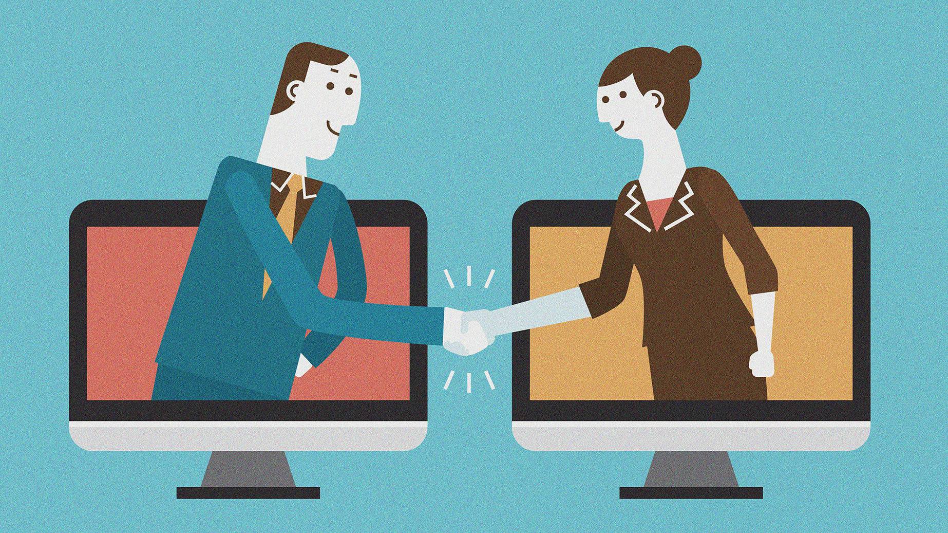 boost-creativity-virtual-CONTENT-2020 Business concept illustration of man and woman come out of computer monitor for a handshake