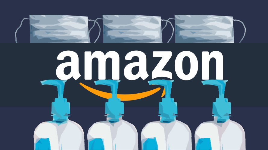 cv-amazon-marketplace-flaw-CONTENT-2020 bottles of hand sanitizer with the amazon logo behind them