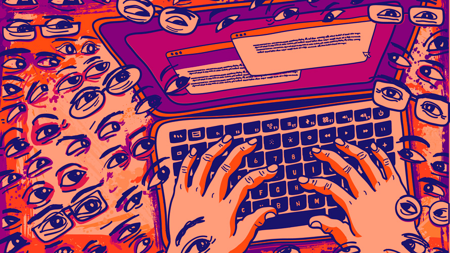 publishers-bump-traffic-coronavirus-CONTENT-2020 a purple and pink keyboard that someone is typing on with a ton of eyeballs floating around