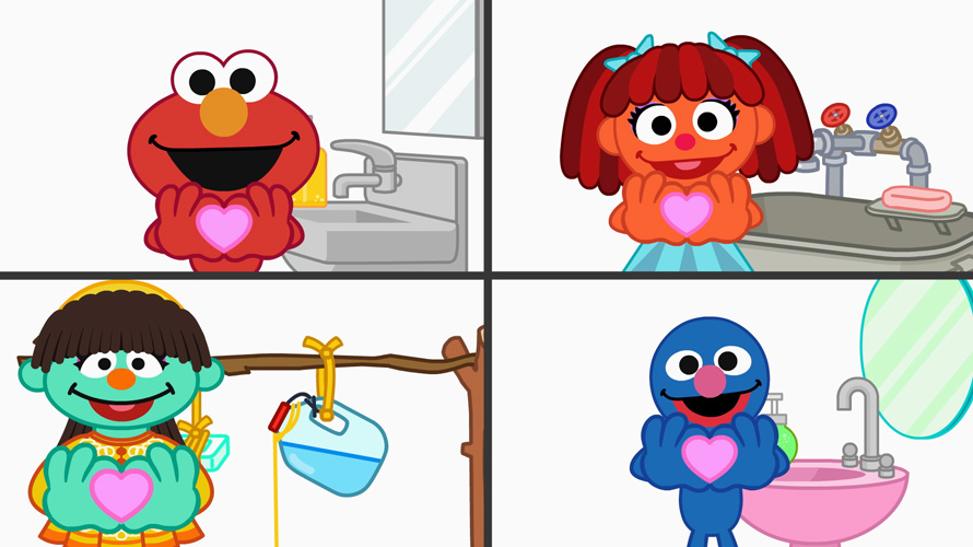 sesame-friends-hearts-CONTENT-2020 Illustration of Sesame Street characters making a heart with their hands
