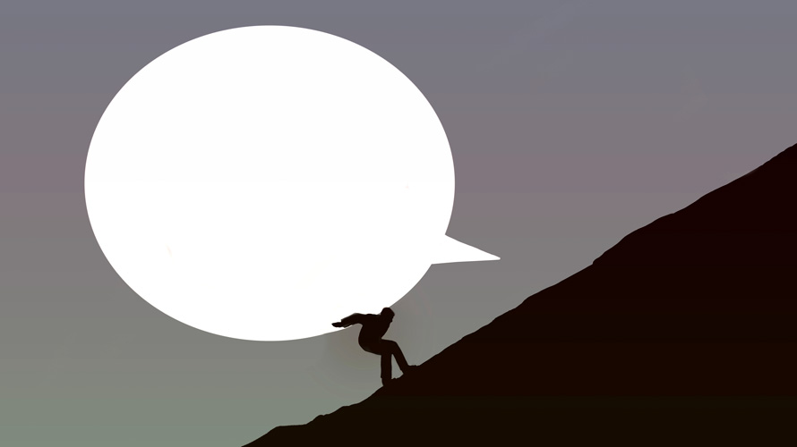 tt-uncertain-future-voice-CONTENT-2020 Illustration of a person trying to move a large thought bubble up a hill