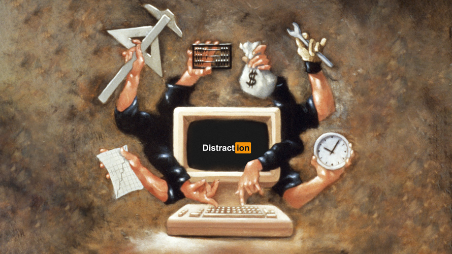 work-remote-online-distraction-CONTENT-2020 a computer with a bunch of hands coming out of it holding money bags, clocks, tools, paper