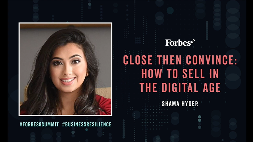 Photo of entrepreneur Shama Hyder in a Forbes summit ad