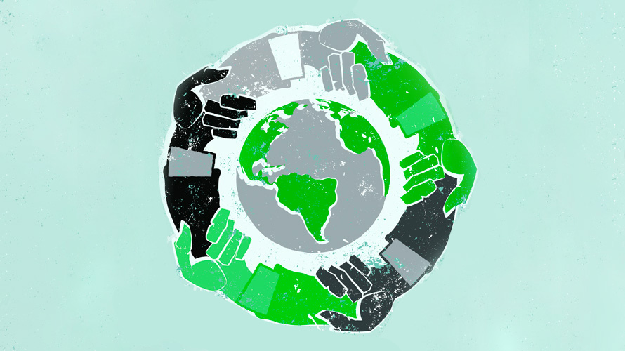 connect-with-consumers-humans-CONTENT-2020 green black and grey hands holding hands surrounding a grey and green earth